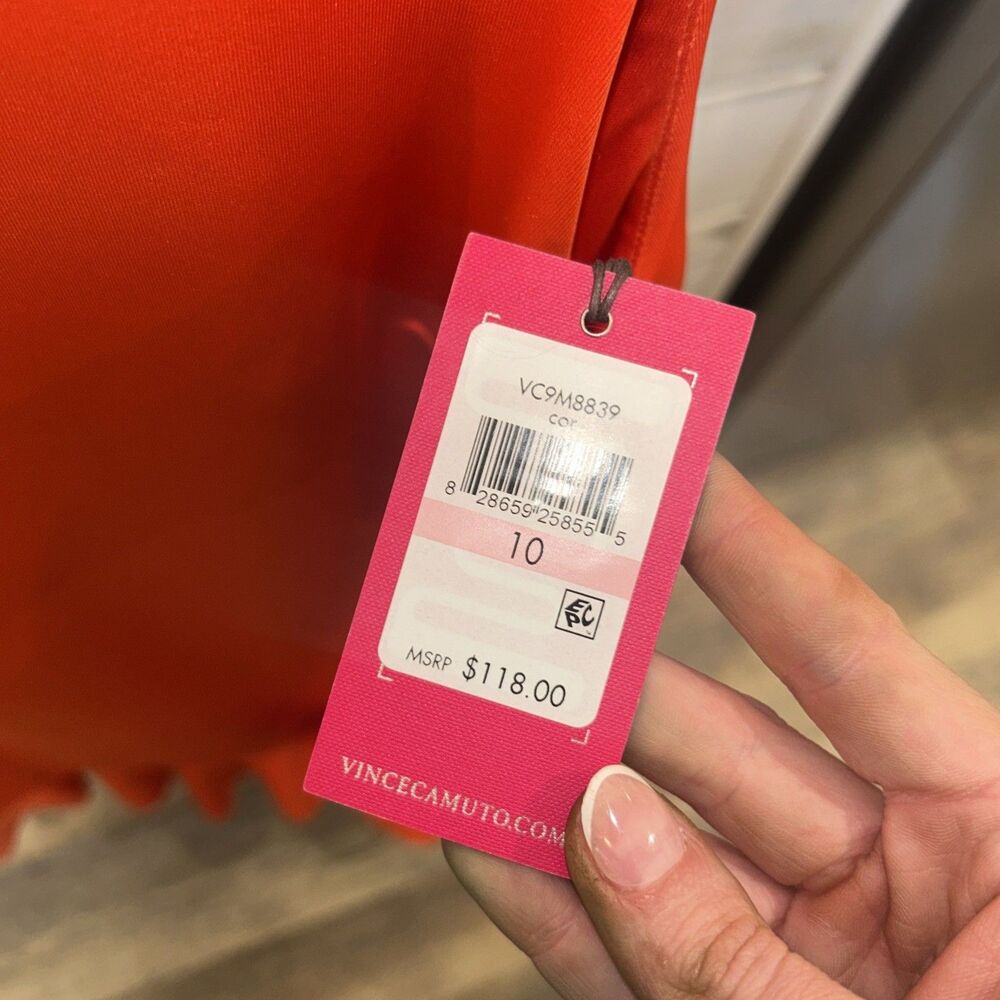 M2-NWT Vince Camuto Wo Sleeveless Ruffle Hem Shift Dress Tangerine Size 10 - Picture 3 of 5